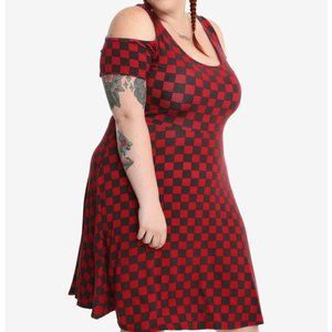 Red & Black Checkered Cold Shoulder Dress